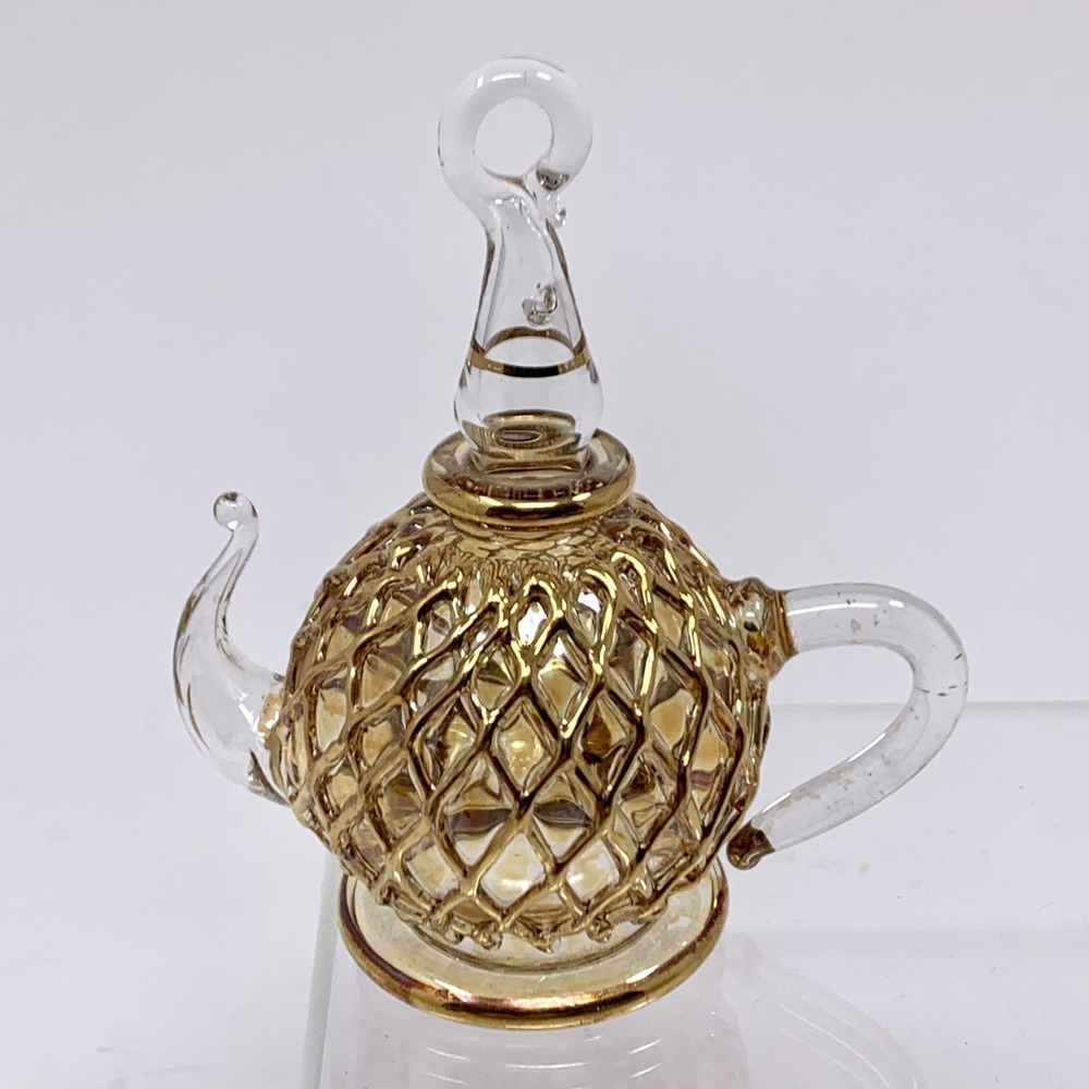 Blown Glass Gold Accent Glass Christmas Ornament 3" Tea Pot Egypt Handmade